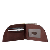 A brown, Rogue Industries Football Leather Front Pocket Wallet with a credit card in it and RFID-blocking technology.