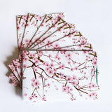 A set of sakura blossom note cards on a white surface with Rogue Industries' RFID Blocking Package of Credit Card Sleeves.