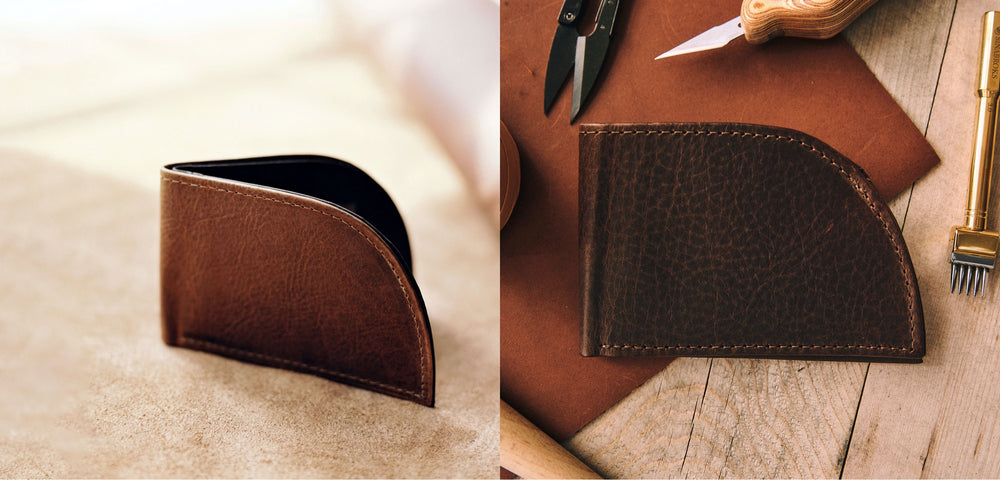 Two pictures of a brown leather wallet and a pair of scissors.