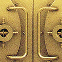 A Gold Vault door with two Rogue Industries RFID Blocking Credit Card Sleeves handles on it, designed to prevent skimming attacks.