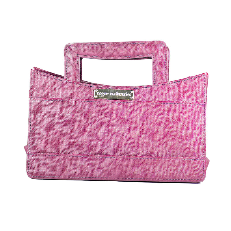 Pink fabric Compact Tote Organizer with RFID protection, a metallic label, and cutout handle, isolated on a white background by Rogue Industries.