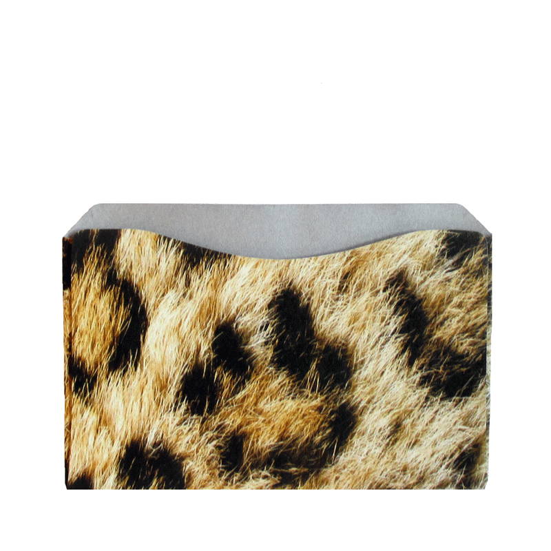 A leopard print wallet with Rogue Industries RFID Blocking Package of Credit Card Sleeves on a white background, protecting against skimming attacks.