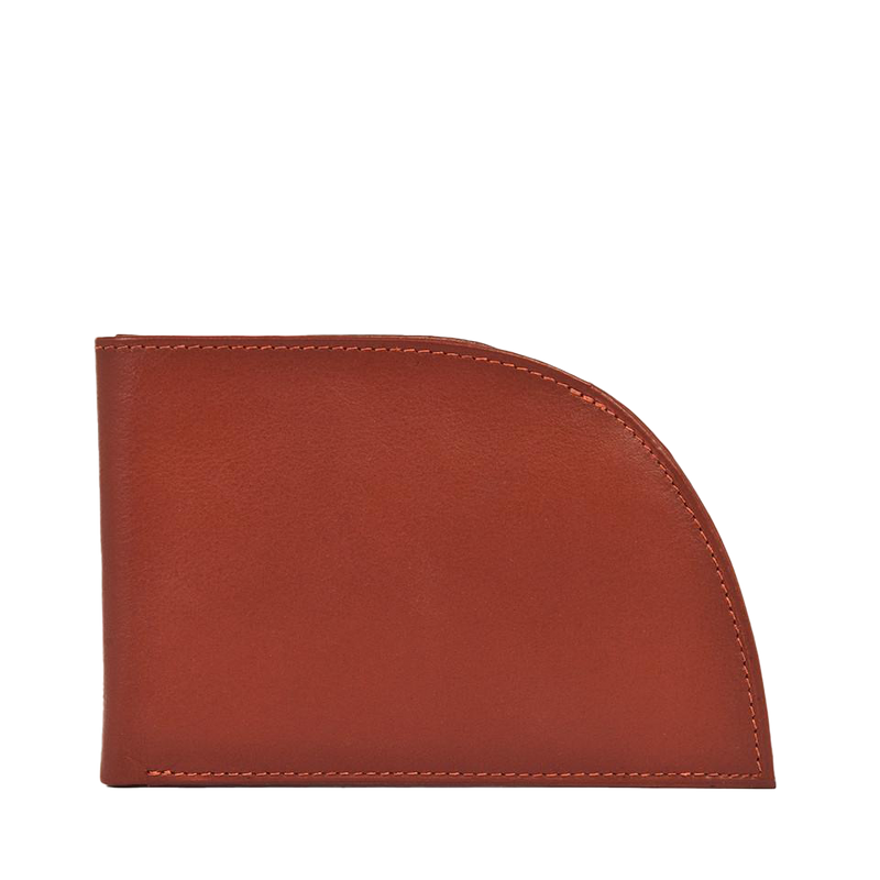 A Rogue Industries brown Napa leather wallet with RFID protection and a curved corner.