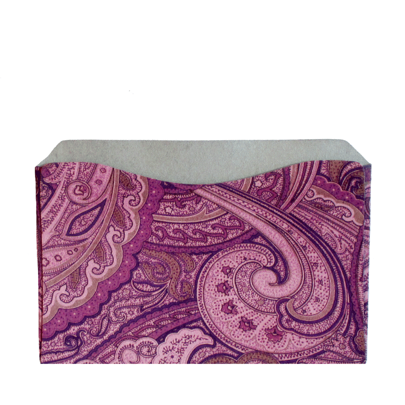 An RFID-blocking envelope with a purple paisley pattern on it, designed for Rogue Industries RFID Blocking Package of Credit Card Sleeves/Passport Sleeves to prevent skimming attacks.