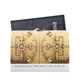 A Rogue Industries passport wallet with a gold lock on it, featuring the RFID Blocking Package of Credit Card Sleeves/Passport Sleeves to protect against skimming attacks.