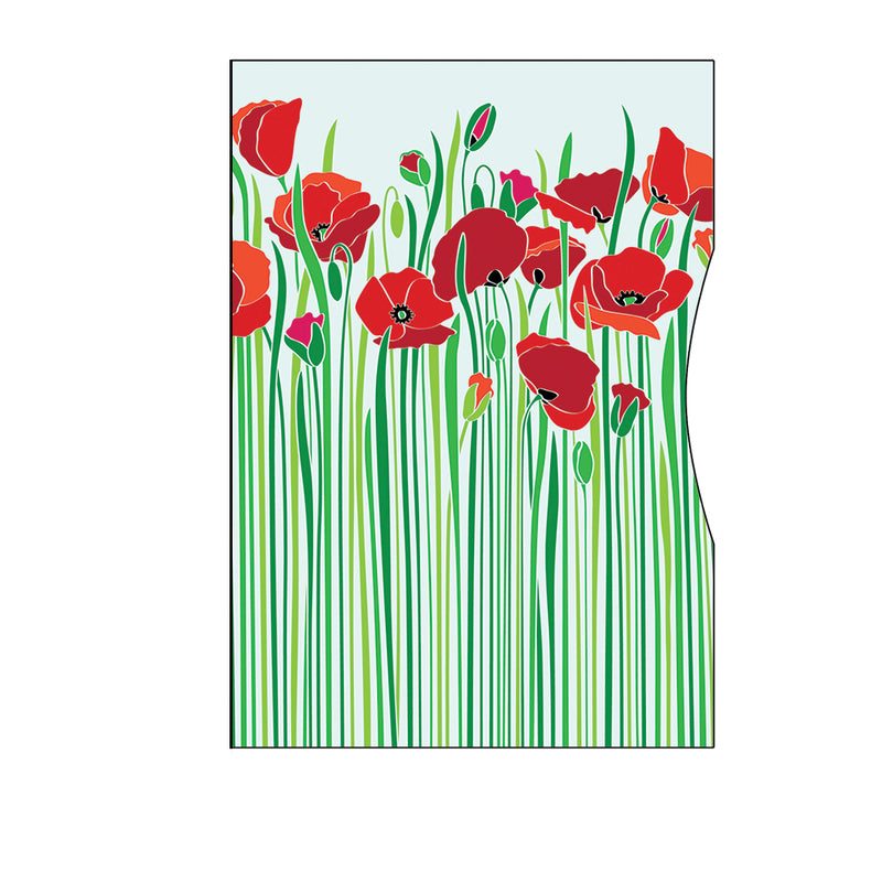 Red poppies on a blue background, designed for Rogue Industries RFID Blocking Package of Credit Card Sleeves.