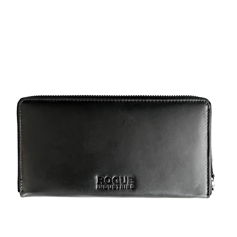 A black Rogue Industries Leather Smartphone Clutch on a white background.