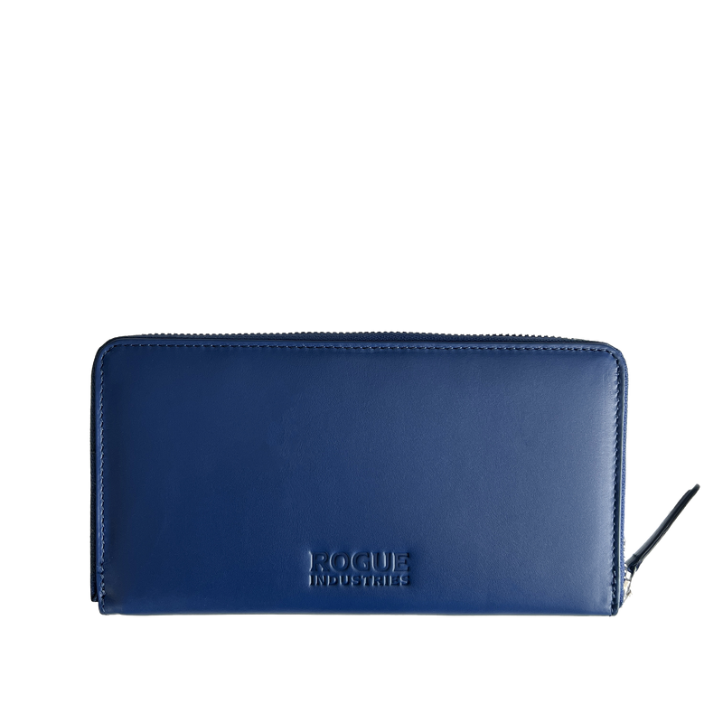 A blue zippered Leather Smartphone Clutch by Rogue Industries.