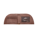 A brown Rogue Industries genuine leather wallet with a silver ring inside.