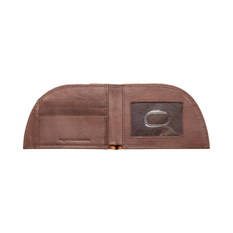 A brown Rogue Industries genuine leather wallet with a silver ring inside.
