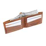 A Rogue Industries Heritage Wallet in Bison Leather with money in it, made in the USA.