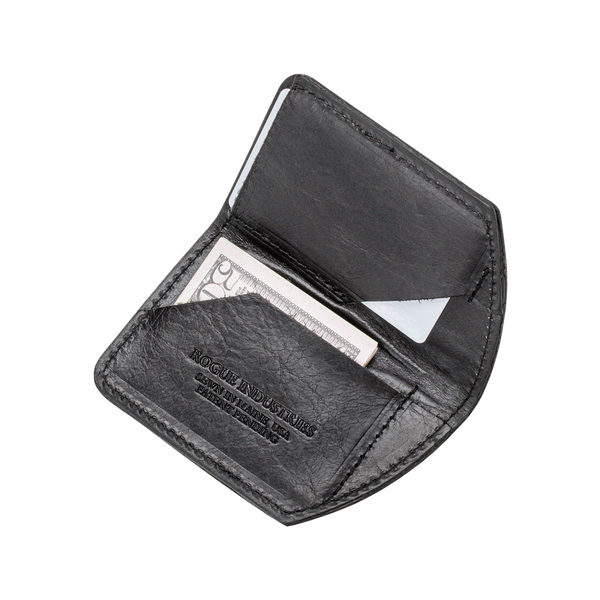 A slim, black leather Rogue Industries Minimalist Wallet with a credit card in it.