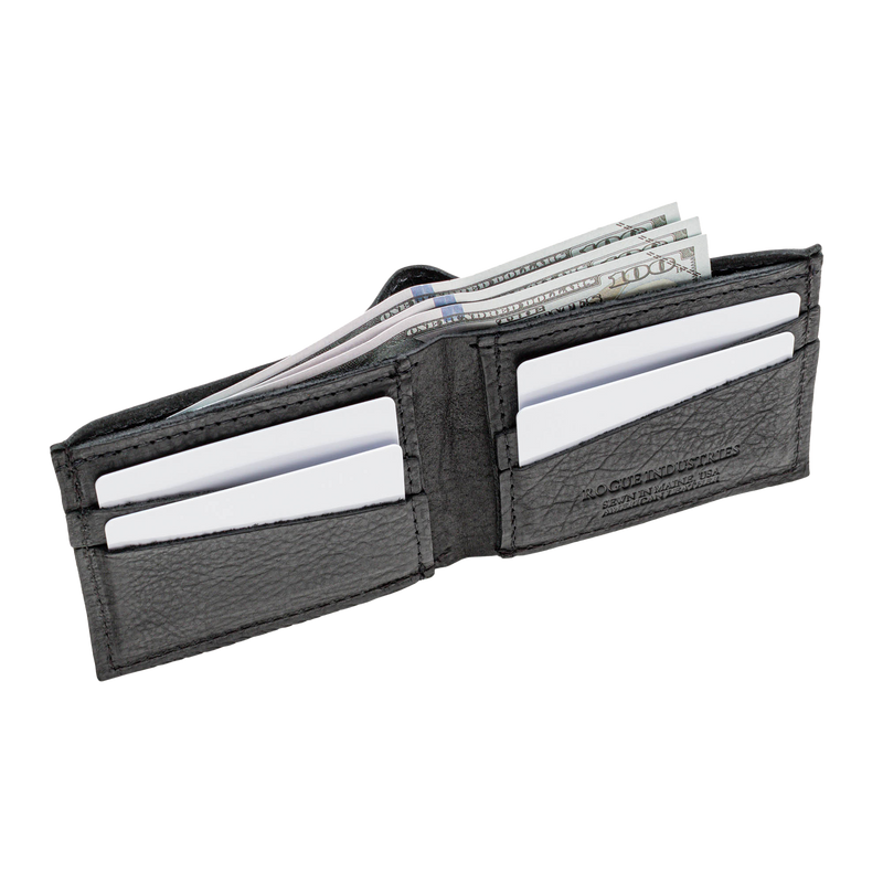 A black Rogue Industries Heritage Wallet in Bison Leather with two credit cards in it.