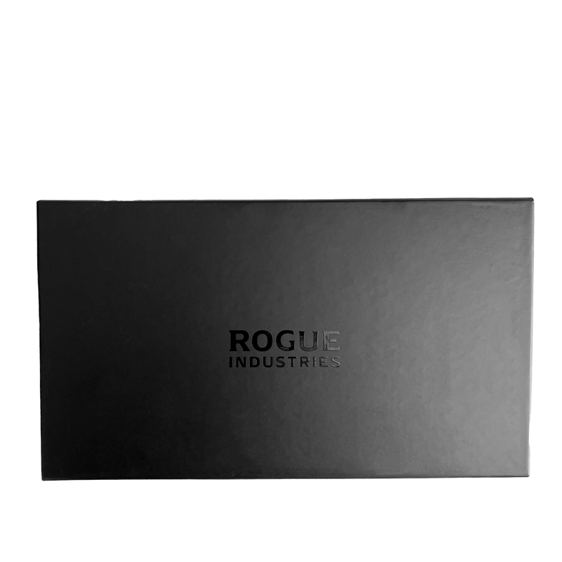 A black, premium leather box with the words Rogue Industries on it.