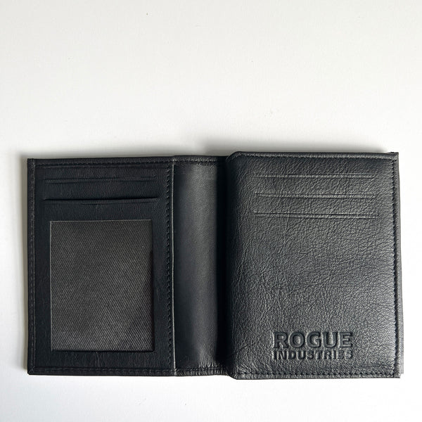 A black Premium Leather Badge Holder Wallet with the word Rogue on it, designed for first responders.