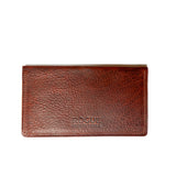 A brown American Bison leather checkbook cover with the word "focus" on it, crafted in a Maine workshop by Rogue Industries.