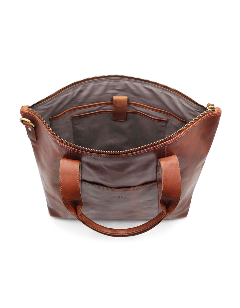 A brown full-grain leather Rockport Leather Weekend Tote bag by Rogue Industries on a white background.