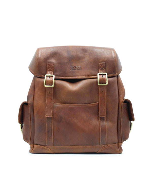 A Highlander Leather Backpack by Rogue Industries, with adjustable buckle closures and two straps.