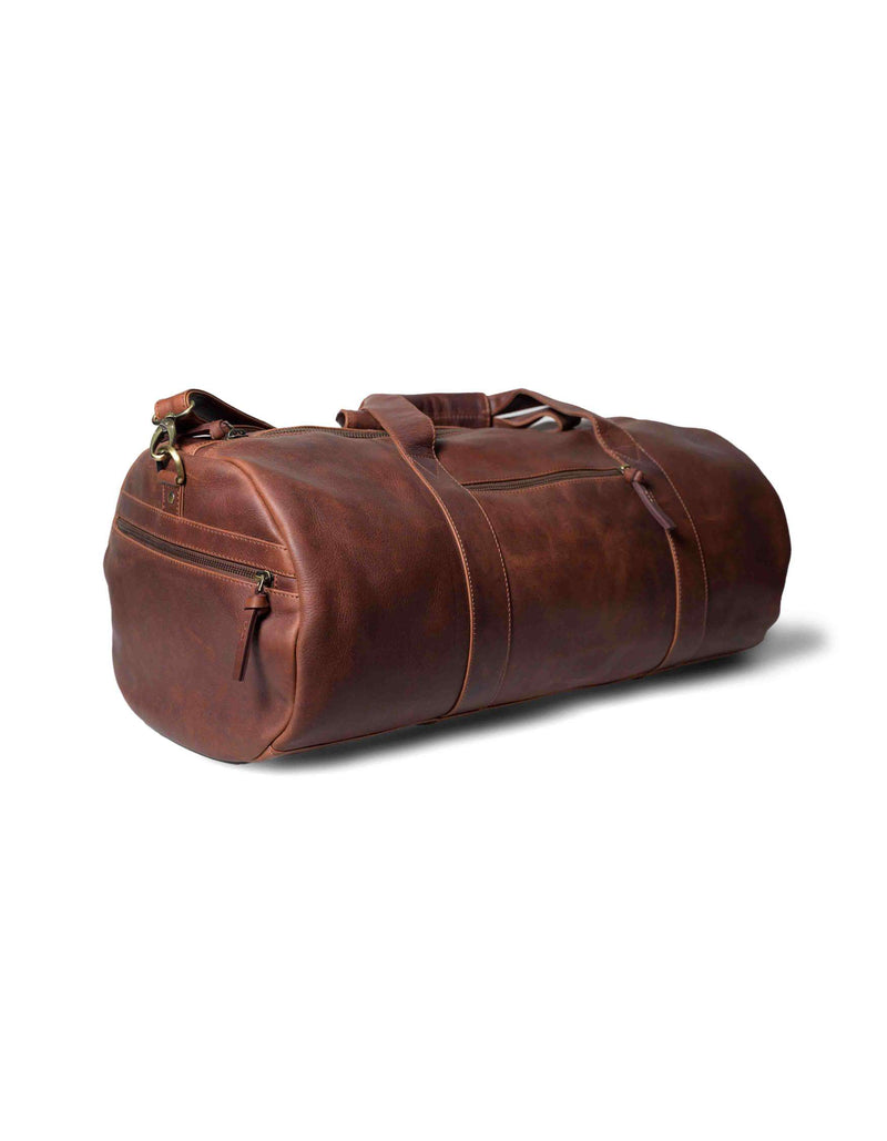 A Seal Cove Leather Duffle Bag by Rogue Industries on a white background.