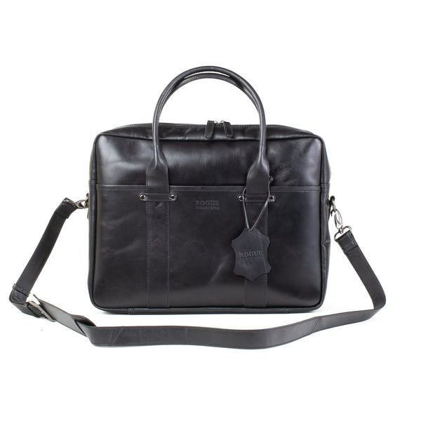 A black genuine leather Katahdin Leather Briefcase with a removable strap by Rogue Industries.