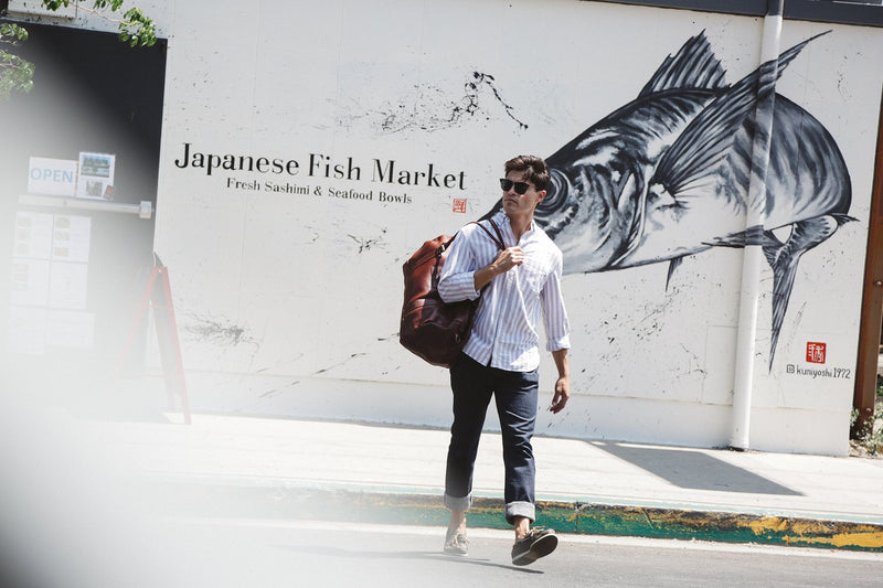 Mount Blue Leather Duffle at the Japanese fish market by Rogue Industries.