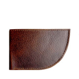 A Factory Second PREVIOUSLY EMBOSSED Made in Maine Front Pocket Wallet from Rogue Industries, featuring brown leather with stitching detail along the edges, a rounded bottom right corner, and RFID-blocking technology.