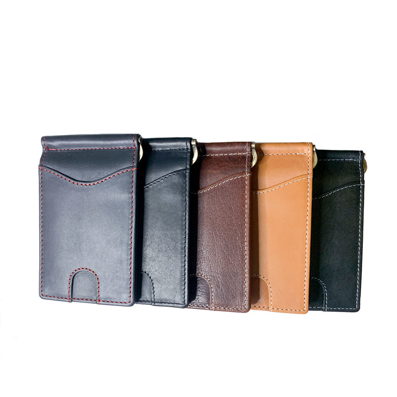 A row of different colored Rogue Industries Minimalist Wallets with Money Clip on a white background.