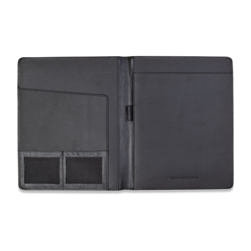 A black Leather Portfolio by Rogue Industries with two business card pockets.