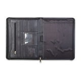 A black Rogue Industries leather portfolio with a zippered compartment and business card pockets.