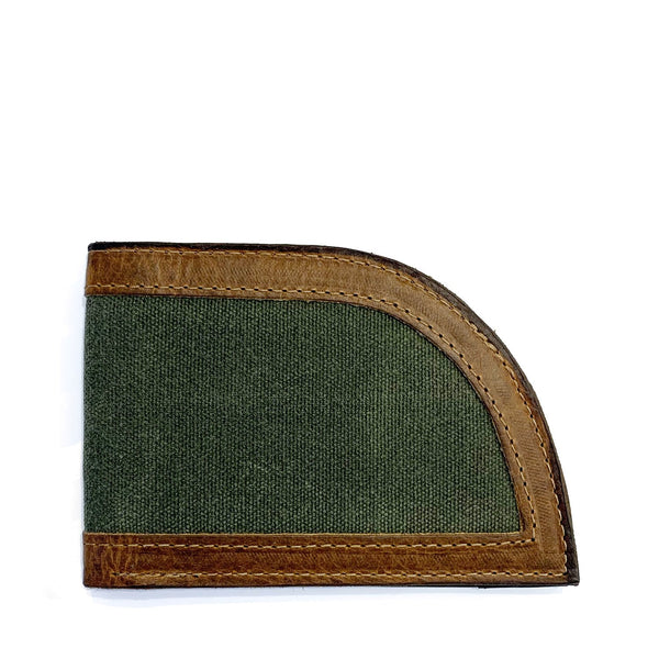A green Rogue Industries Bison leather wallet with brown and tan trim.