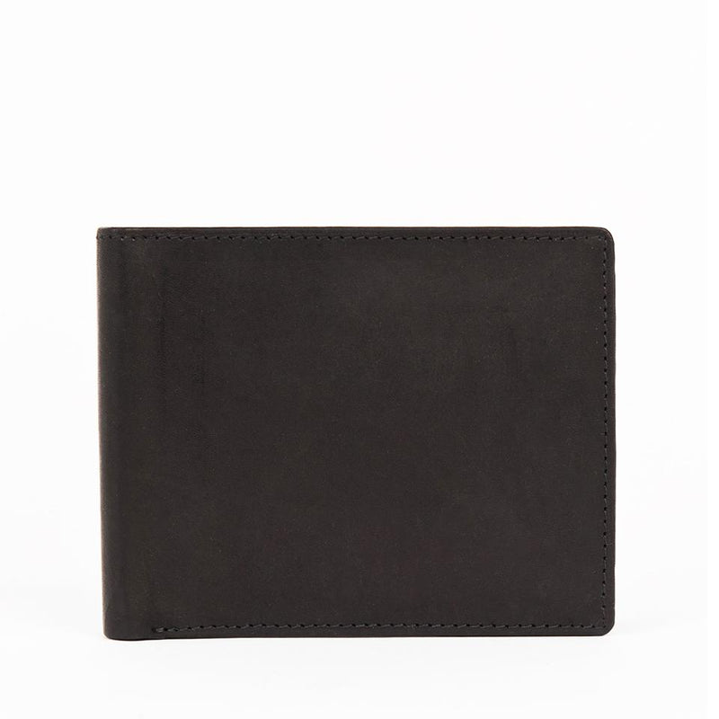 A black, RFID-blocking R11 Leather Wallet by Rogue Industries on a white background.