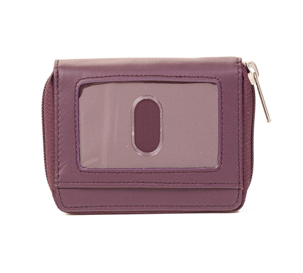 A purple leather Accordion Zip Wallet with RFID-blocking for credit cards by Rogue Industries.
