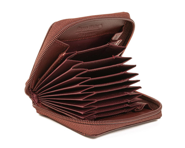 A brown leather Rogue Industries Accordion Zip Wallet - RFID Blocking with several compartments for credit cards.