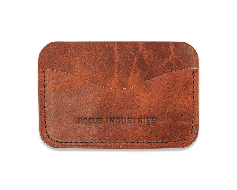 A brown American Bison leather Bison Card Case with the word Rogue Industries on it.