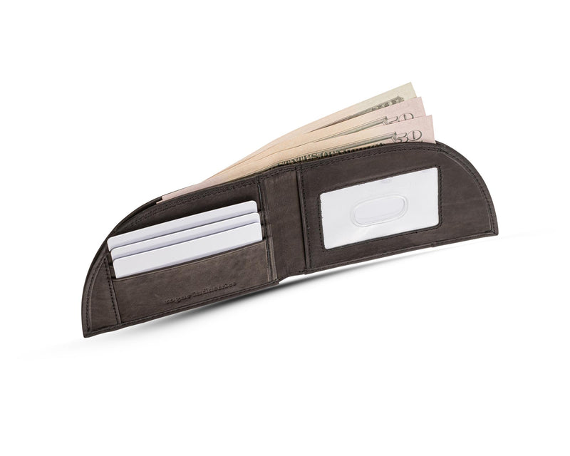 A brown leather wallet with money in it, featuring durable RFID-blocking technology.