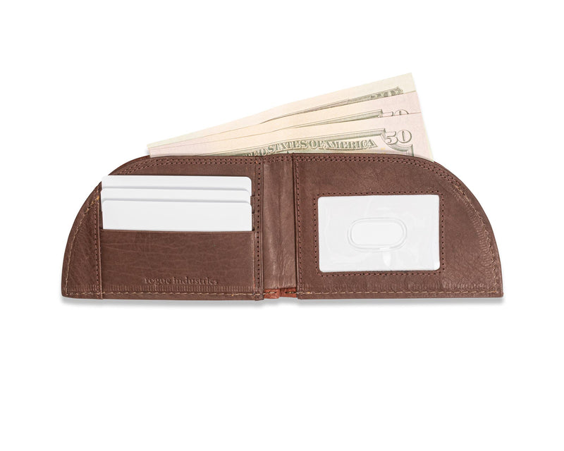 A Rogue Industries deerskin front pocket wallet with money in it.