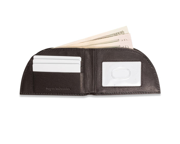 A Deerskin Front Pocket Wallet by Rogue Industries with money in it.