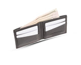 A black Rogue Industries Heritage Wallet made in USA with a few dollars in it, crafted from genuine cowhide leather.