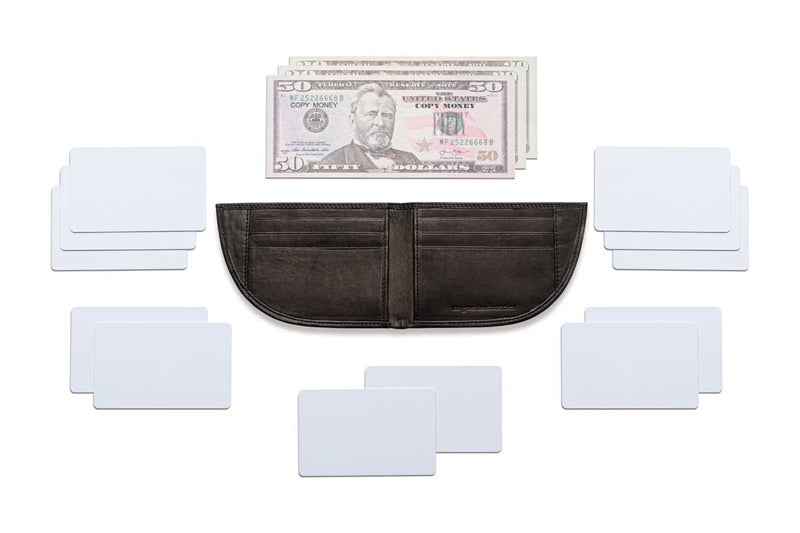 A Rogue Industries Expedition Front Pocket Wallet crafted from top-grain leather, featuring a compartment for a dollar bill, slots for credit cards, and space for business cards.