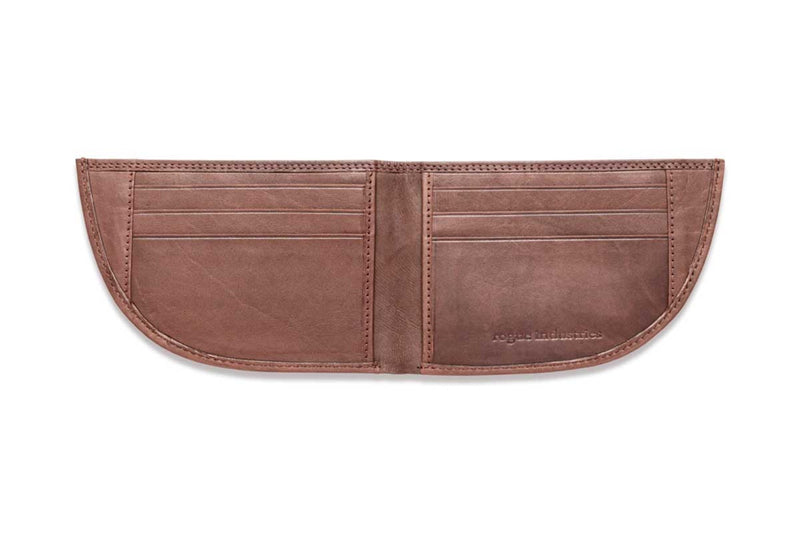 A brown top-grain leather Expedition Front Pocket Wallet by Rogue Industries on a white background.