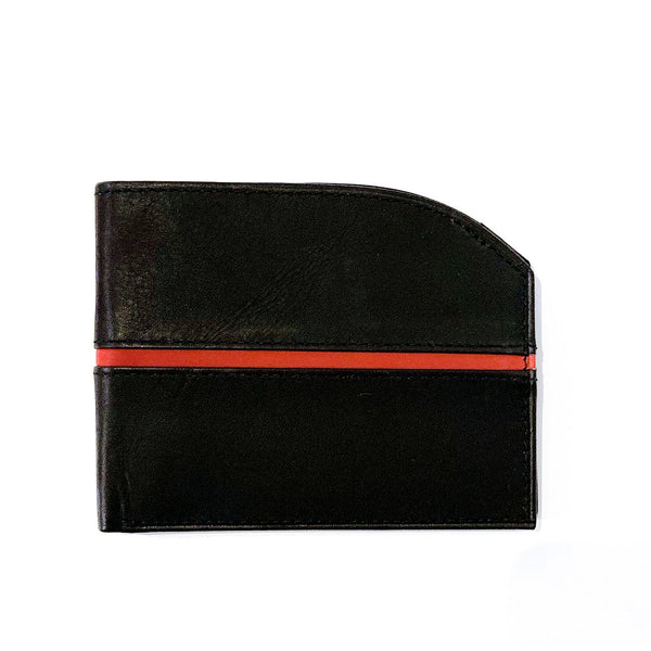 A genuine leather Tailored Front Pocket Wallet by Rogue Industries with a red stripe and RFID-blocking technology.