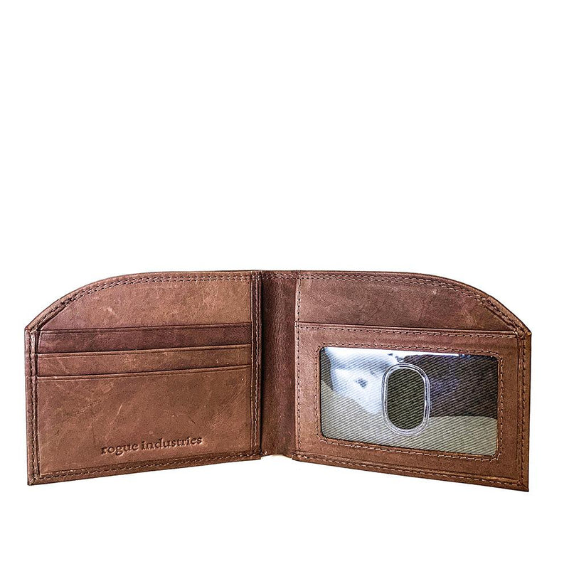 A brown Rogue Industries Tailored Front Pocket Wallet with a cell phone in it.
