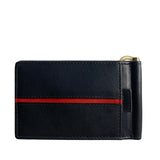 A Genuine Leather Minimalist Wallet with Money Clip from Rogue Industries, featuring a black design with a red stripe.