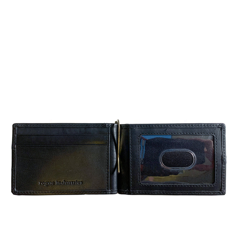 A Rogue Industries Minimalist Wallet with Money Clip in genuine leather with a credit card holder.