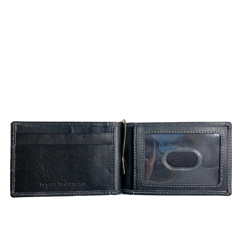 A black Rogue Industries Minimalist Wallet with Money Clip featuring a card holder.