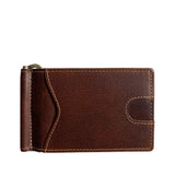 A brown genuine leather Rogue Industries Minimalist Wallet with Money Clip and zipper.