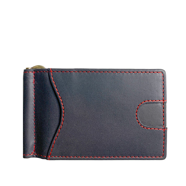 A Rogue Industries minimalist black genuine leather wallet with red stitching.