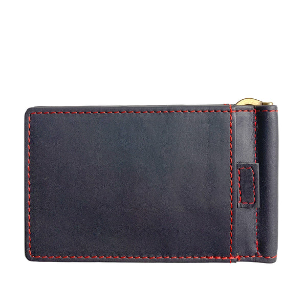 A black Rogue Industries Minimalist Wallet with Money Clip with red stitching.