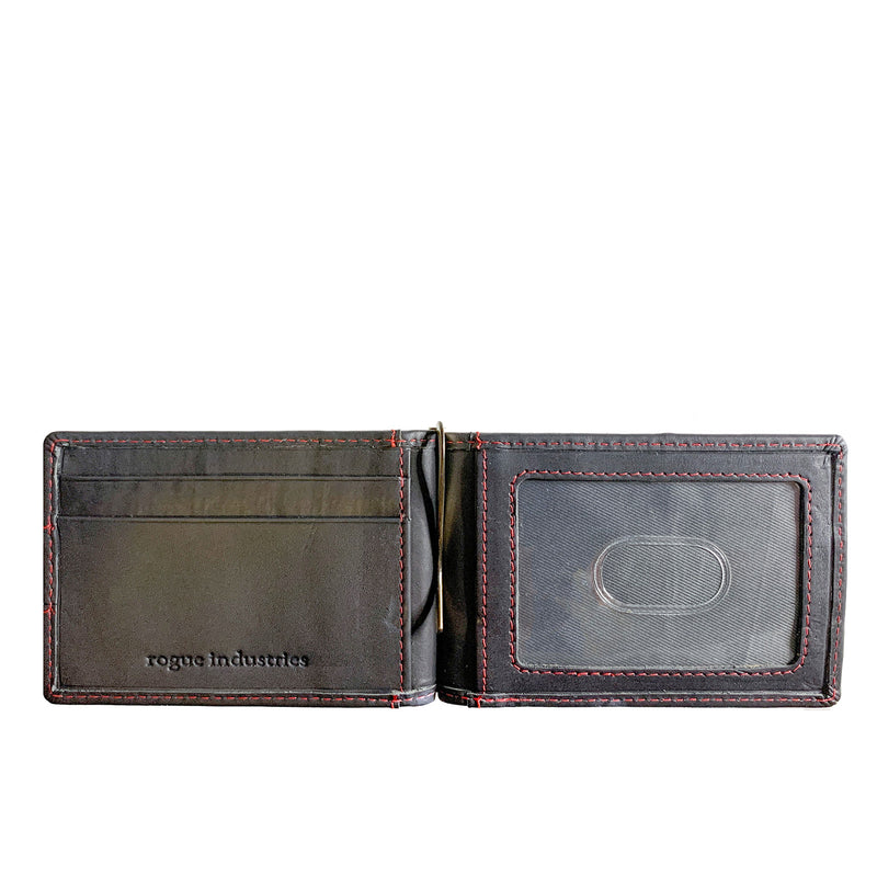 A black Rogue Industries Minimalist Wallet with Money Clip with a red card holder.