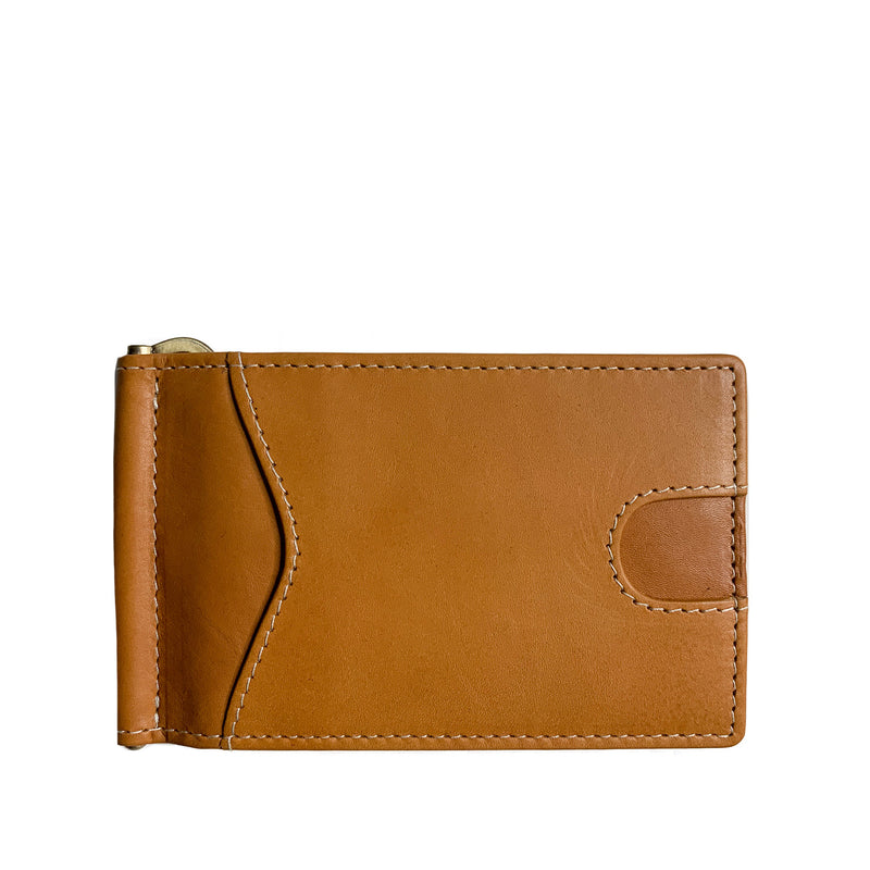 A Rogue Industries Minimalist Wallet with Money Clip made of genuine leather on a white background.